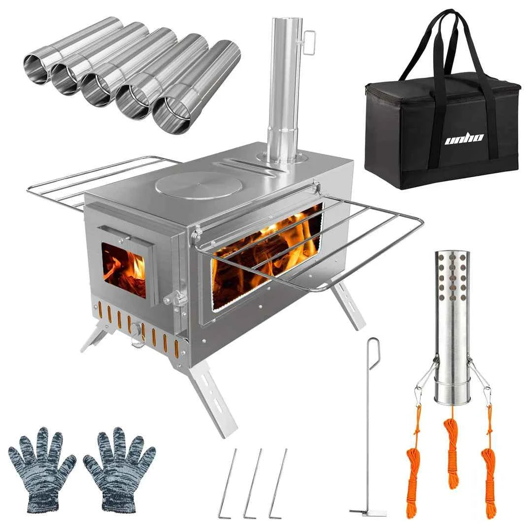 Hot Tent Stove, unho Wood Burning Stove, Portable Wood Stove with 6 Stainless Chimney Pipes for Outdoor Heating &amp; Cooking