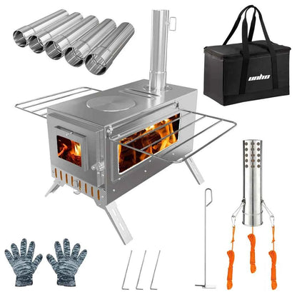 Hot Tent Stove, unho Wood Burning Stove, Portable Wood Stove with 6 Stainless Chimney Pipes for Outdoor Heating &amp; Cooking