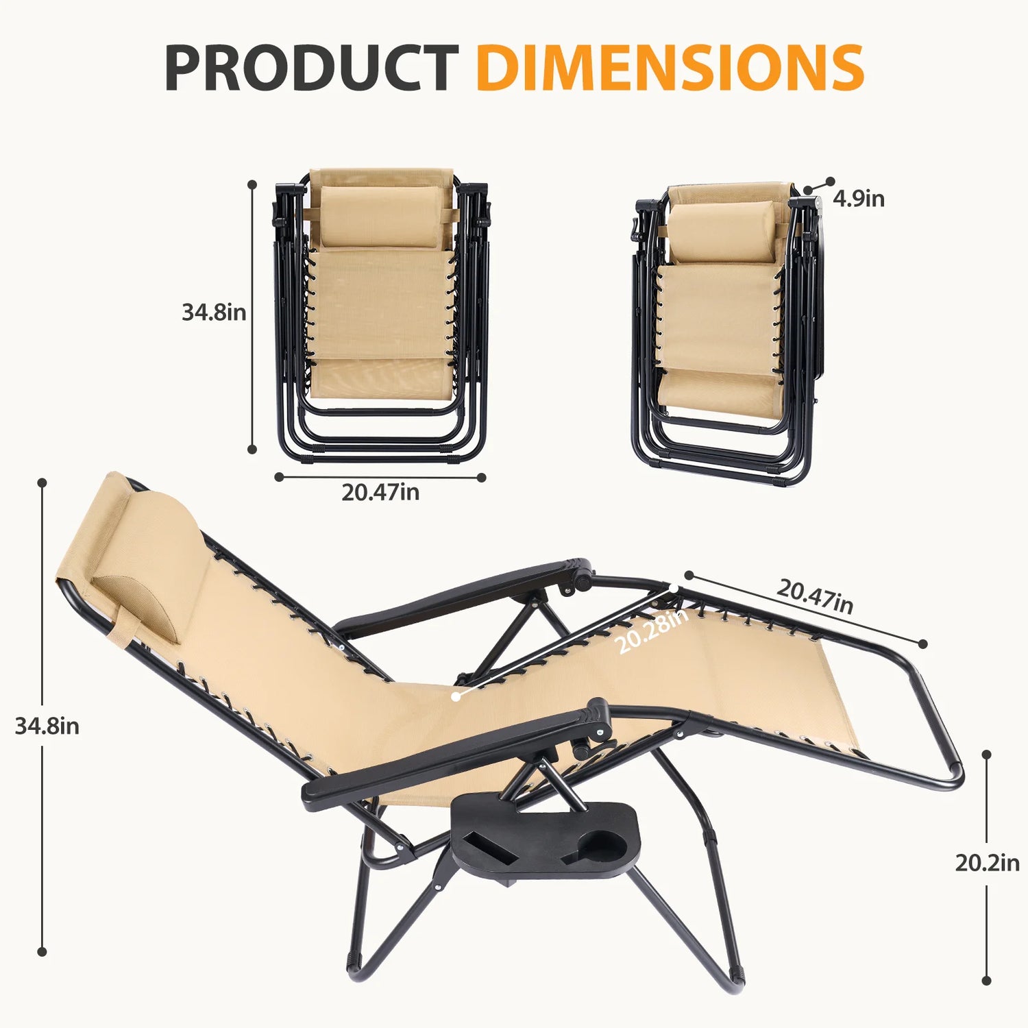 Zero Gravity Recliner Chairs Set of 2 — Portable Folding Lounge Chairs with Cup Holder Tray &amp; Headrest