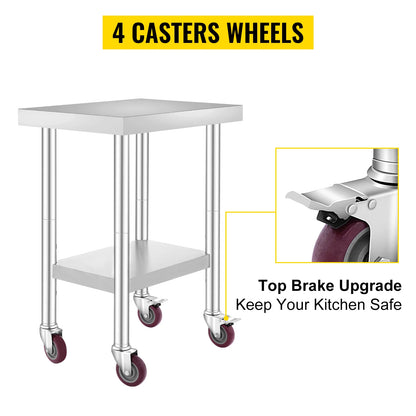 SucceBuy Stainless Steel Kitchen Worktable shelves Commercial Work Bench Table with Caster Wheels for Home Restaurant Storage