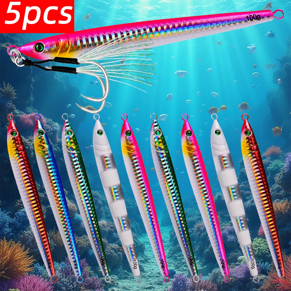 5-Piece Deep Sea Metal Jig Set – Fast-Sinking Slow Jig Spoon Lures | 60g, 80g &amp; 100g | Ocean &amp; Freshwater