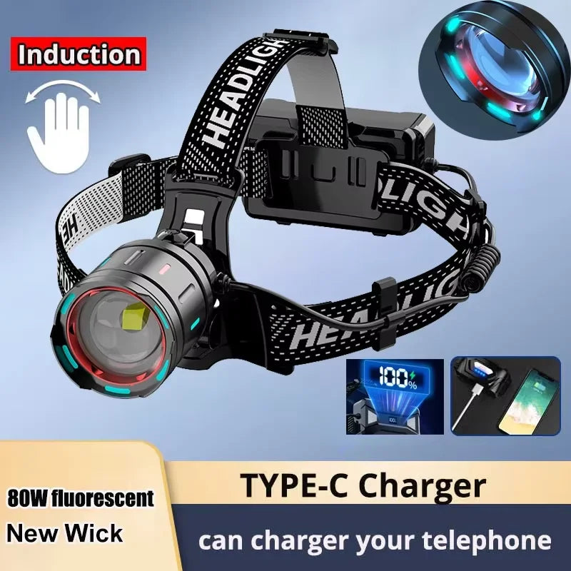 Super Powerful LED Headlamp – IR Sensor, USB-C Rechargeable, Long-Range Head Torch for Camping &amp; Fishing