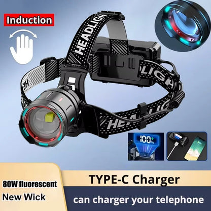 Super Powerful LED Headlamp – IR Sensor, USB-C Rechargeable, Long-Range Head Torch for Camping &amp; Fishing