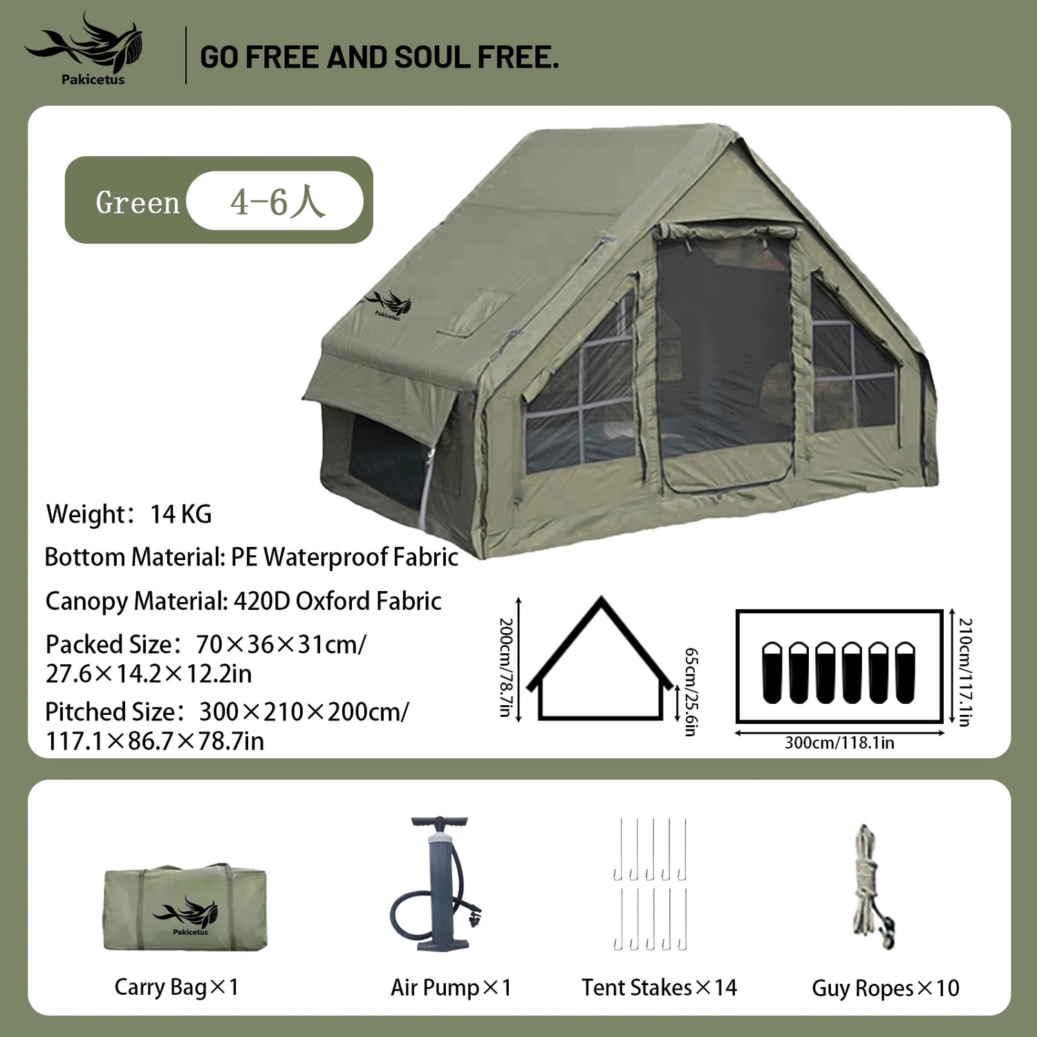 PAKICETUS Inflatable Camping Tent – 4-8 Person Portable 4-Season Waterproof Tent with Windows