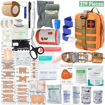 379pcs Home Office First Aid Kit Portable Emergency Bag, Red Survival Carry-On for Outdoor Activities, Camping, Hunting, Hiking