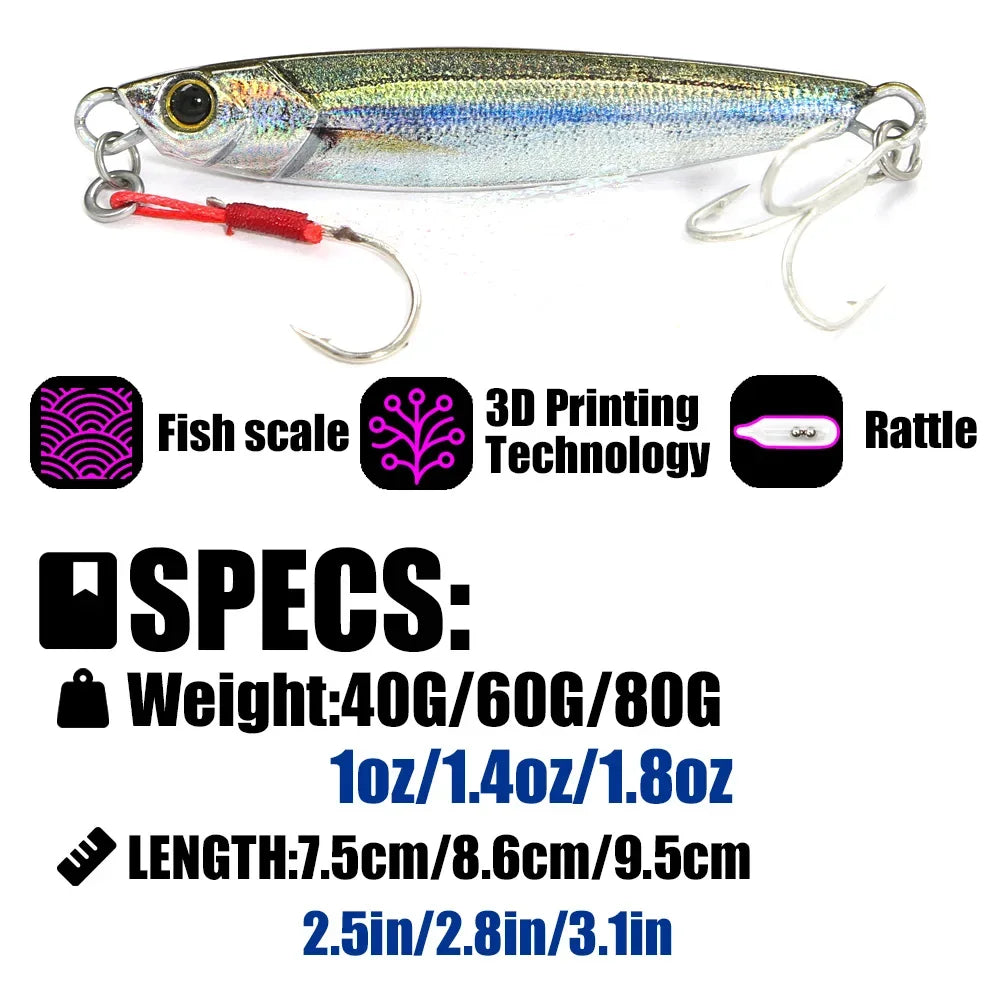 B&amp;U Rattle Metal Jig Fishing Lures – 40g / 60g / 80g Long Casting Saltwater Spinning Lure with Hook