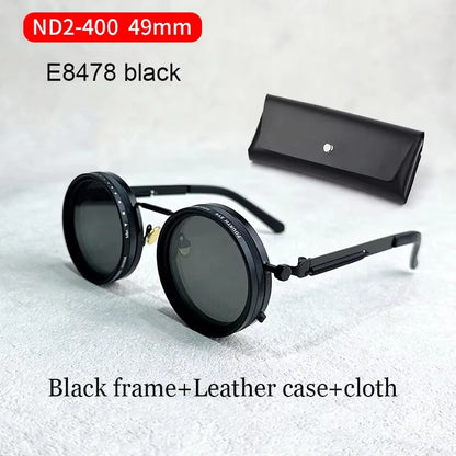 lafforgue ND9 Adjustable Dimming Steampunk Sunglasses – 9-Level ND Filter, Leather Side Shields, UV400, Unisex