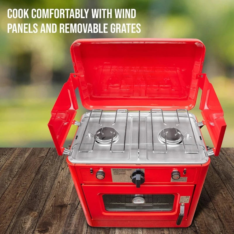 Outdoor Gas Camping Oven w/Carry Bag | CSA Approved Portable Propane-Powered 2-Burner Stove &amp; Oven | Auto Ignition