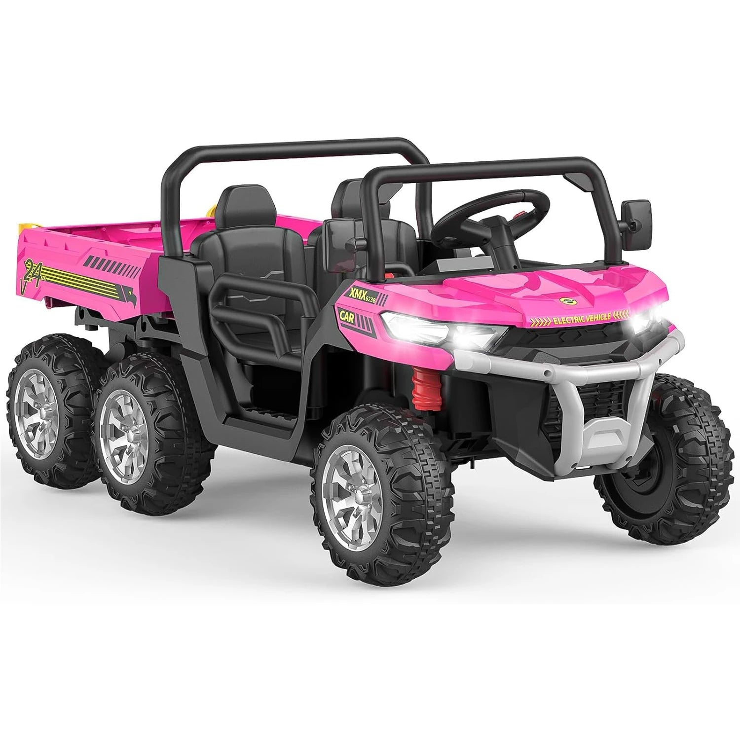 24V 2 Seater 6 Wheel Ride On Dump Truck with Parent Remote Control, 4WD Electric Car for Kids UTV Style Dump Bed &amp; Music Horn