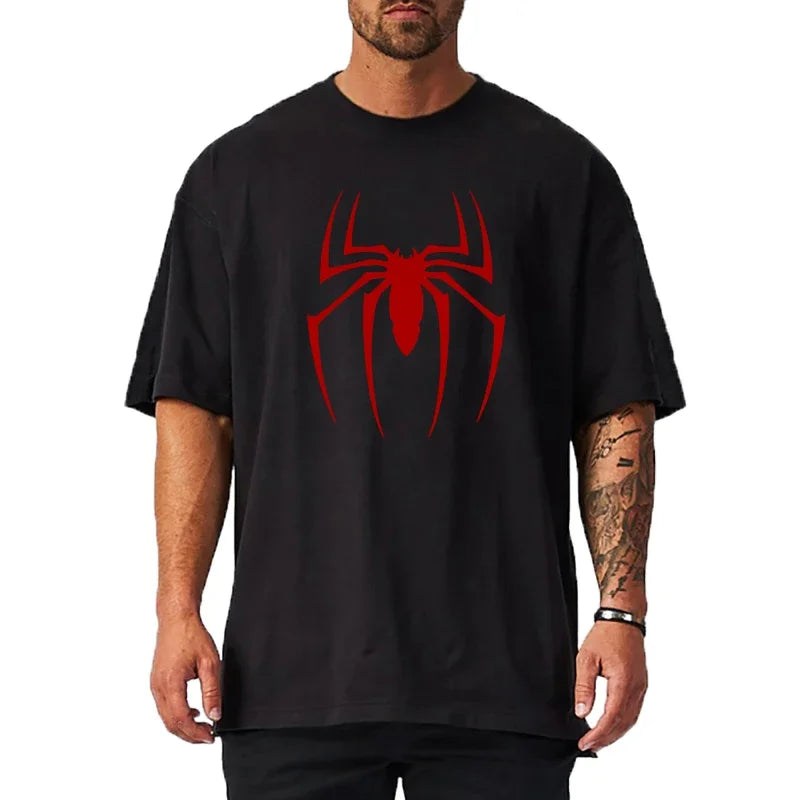 Red Spider Printed Gym Sport Clothing Fitness Oversized Loose Cotton Shirt Mens Hip Hop Short Sleeve Bodybuilding Muscle T-shirt