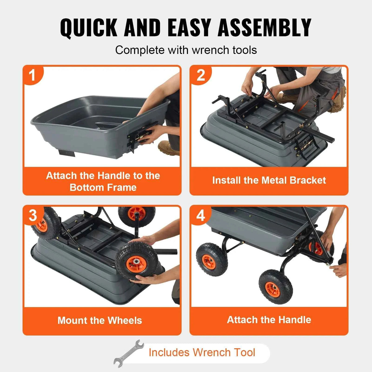 SucceBuy Heavy-Duty Garden Dump Cart – Poly Dump Wagon, 10" Wheels, 2-in-1 Handle, 600 or 1500 lbs Capacity