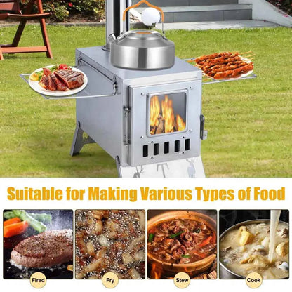 Wood Burning Camping Stove with 5 Pipes Accessories, Heating Cooking Hot Tent Steel Stove for Outdoor, Hunting, Ice Fishing
