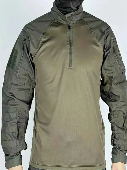 Men Outdoor Tactical Shirts Solid Training Long-Sleeve T-Shirt Tops Wear-Resistant Hunting Shirt Multi-Pocket Adventure Workwear