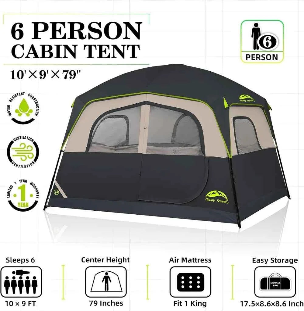 6-Person Waterproof Camping Tent – 3-Min Setup, Removable Rainfly, Cabin Style