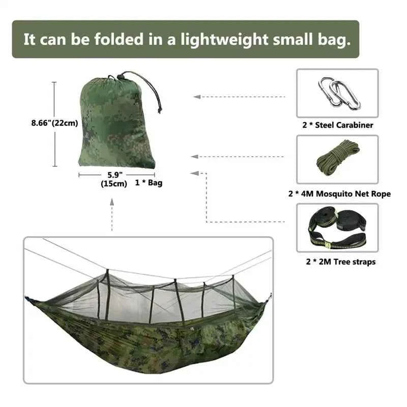Double Camping Hammock with Mosquito Net, Rain Fly &amp; Tree Straps – 2 Person | 210T Nylon | 600 lb | 3000mm Rainfly