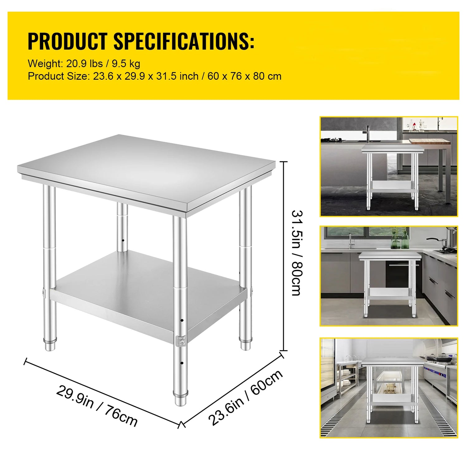 SucceBuy Stainless Steel Table for Prep &amp; Work Metal Commercial Kitchen Heavy Duty Table with Adjustable Shelf