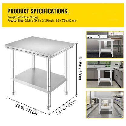 SucceBuy Stainless Steel Table for Prep &amp; Work Metal Commercial Kitchen Heavy Duty Table with Adjustable Shelf