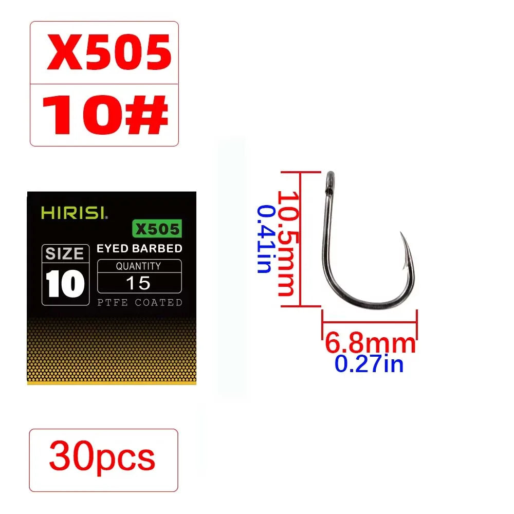 Hirisi X505 PTFE-Coated High Carbon Steel Barbed Carp Hooks – Long Shank, Sizes 