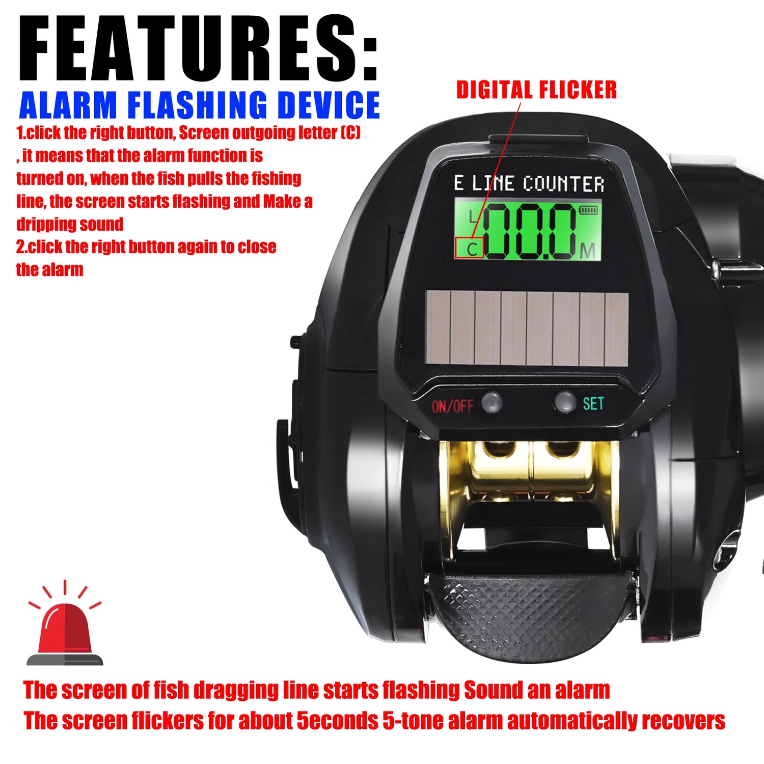 SAMOLLA Electronic Baitcasting Reel – LED Screen, USB &amp; Solar Charging, 7.2:1 Gear Ratio, Waterproof Saltwater Drum Reel