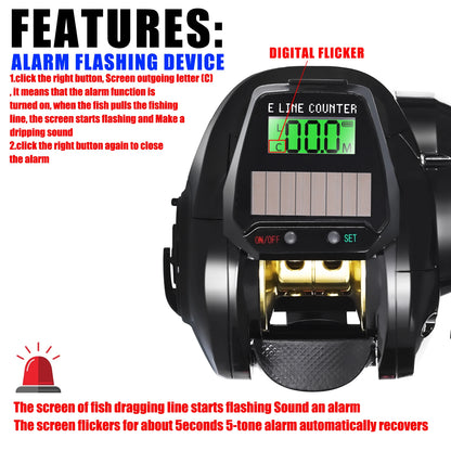 SAMOLLA Electronic Baitcasting Reel – LED Screen, USB &amp; Solar Charging, 7.2:1 Gear Ratio, Waterproof Saltwater Drum Reel