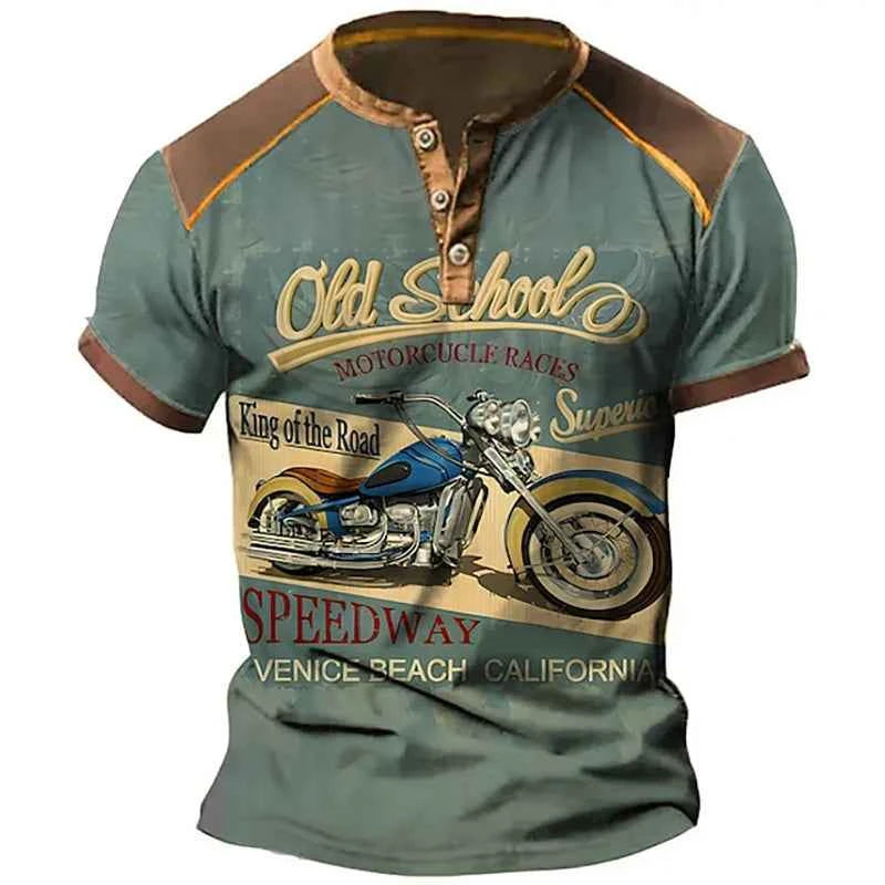 Summer Vintage Henley Shirts Motorcycle 3D Print Men&