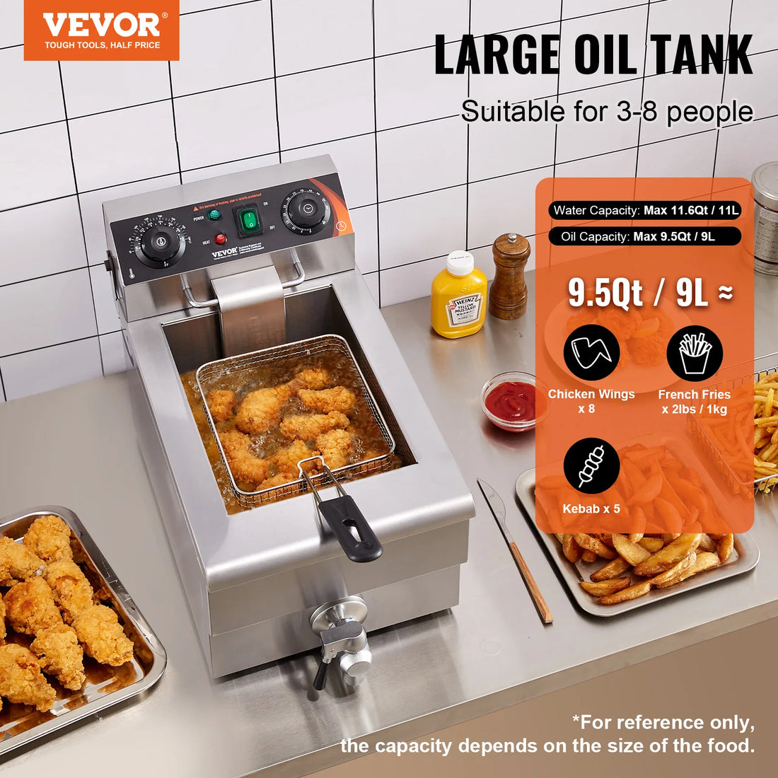 Commercial Deep Fryer Electric Countertop Fryer with Basket 11.6Qt Stainless Steel Single Oil Fryer w/Time&amp;Temp Control