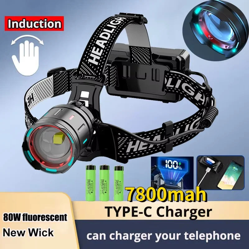 Super Powerful LED Headlamp – IR Sensor, USB-C Rechargeable, Long-Range Head Torch for Camping &amp; Fishing