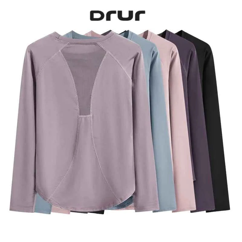 DRUR Long Sleeve Gym Top Women Breathable Quick Dry Workout T-shirt Loose Fit Running Tee Yoga Clothing Sportswear Activewear New