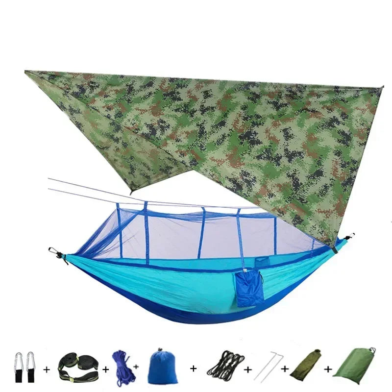 Double Camping Hammock with Mosquito Net, Rain Fly &amp; Tree Straps – 2 Person | 210T Nylon | 600 lb | 3000mm Rainfly