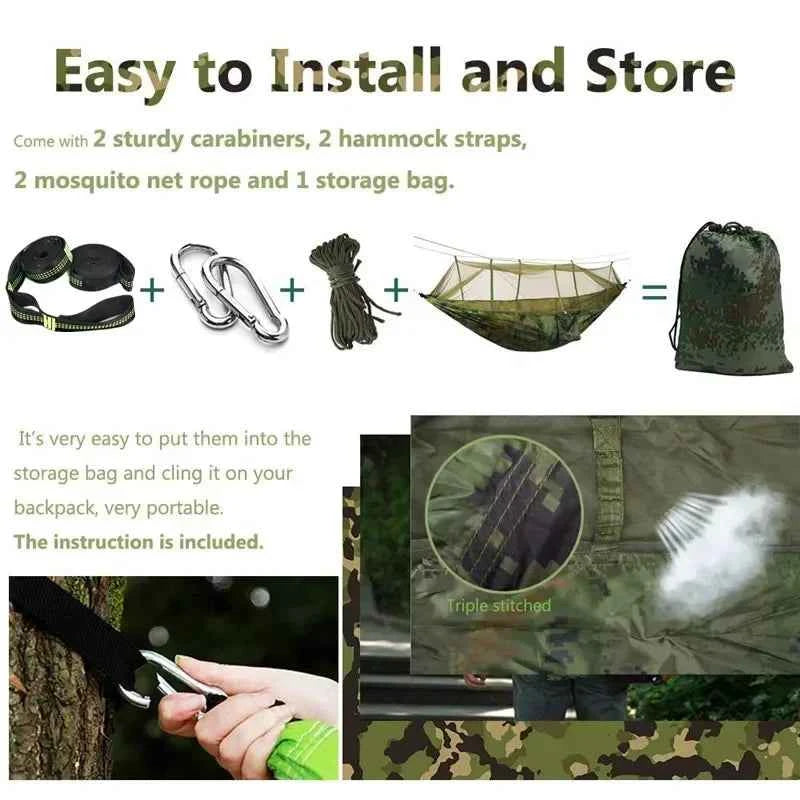 Double Camping Hammock with Mosquito Net, Rain Fly &amp; Tree Straps – 2 Person | 210T Nylon | 600 lb | 3000mm Rainfly