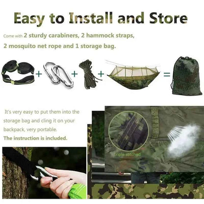 Double Camping Hammock with Mosquito Net, Rain Fly &amp; Tree Straps – 2 Person | 210T Nylon | 600 lb | 3000mm Rainfly