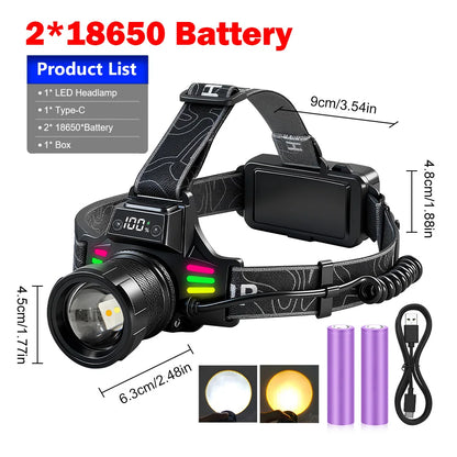Super Bright Headlamp Dual Laser Motion Sensor Headlight 18650 USB Rechargeable Torch Yellow Light for Fog Night Running Fishing