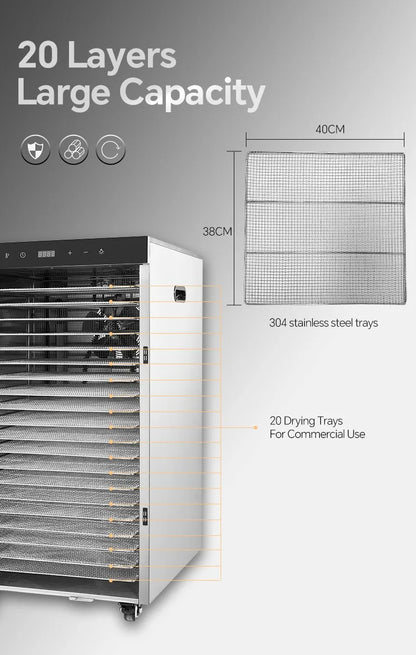 2000W Commercial Food Dehydrator 20 Trays Stainless Steel Jerky Maker 110V 220V Meat Fruit Dryer Machine 30-90℃ Pet Treat