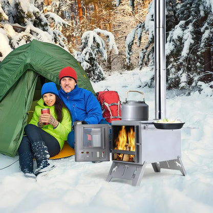 Wood Burning Camping Stove | Stainless Steel | 5-Pipe System &amp; Viewing Window