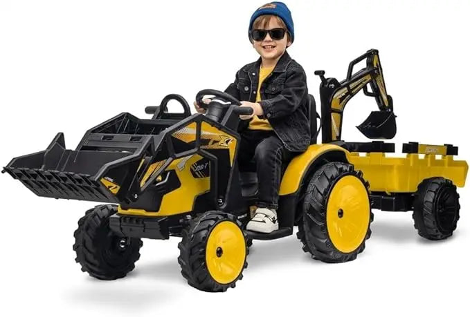 24V 3-in-1 Ride-On Tractor with Excavator &amp; Bulldozer Modes — Kids Electric Construction Vehicle with Trailer, Digger, Shovel Bucket, Parent Remote Control, LED Lights, Music &amp; USB, Battery