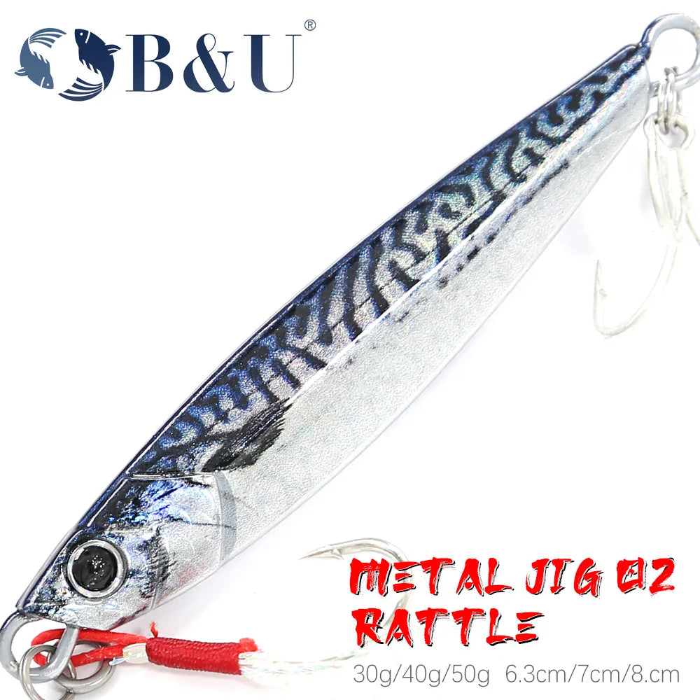B&amp;U Rattle Metal Jig Fishing Lures – 40g / 60g / 80g Long Casting Saltwater Spinning Lure with Hook