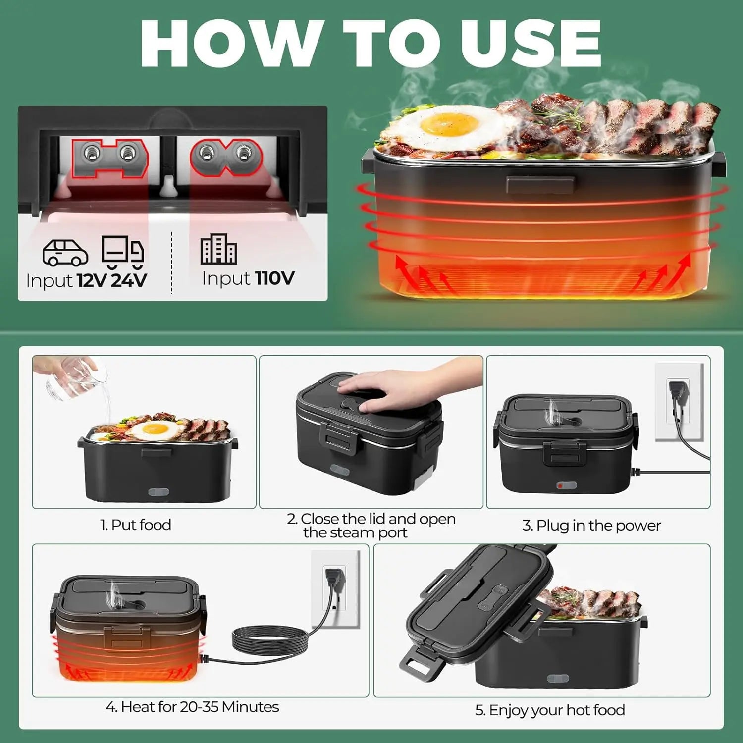 Electric Lunch Box for Adults 100W 1.8L Portable Heated Lunch Box for men,12V/24V/110V home/Car/Office/Truck,1,8L Removable