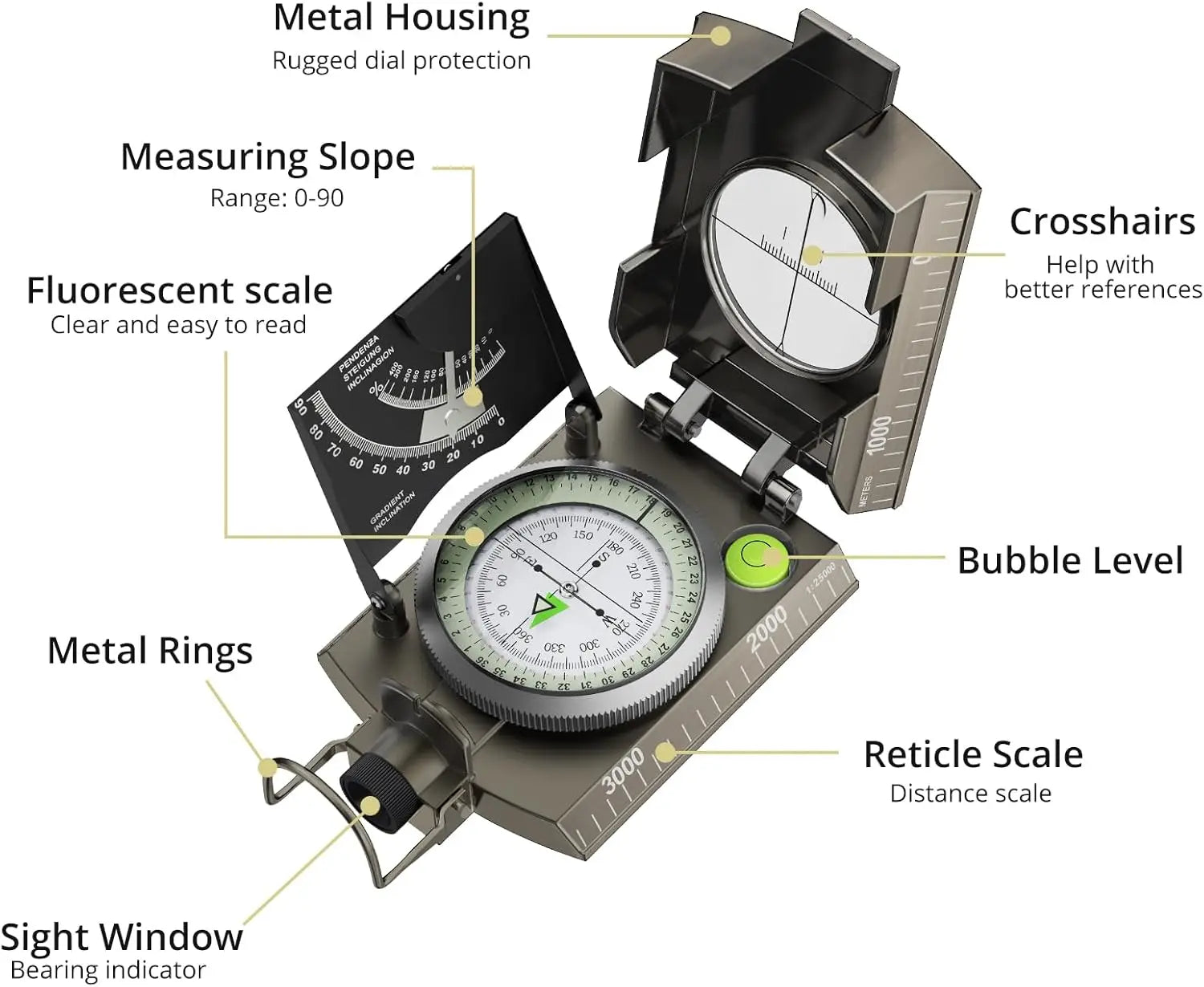 IP65 Waterproof Metal Compass with Clinometer – Precision Navigation for Camping, Hunting &amp; Hiking