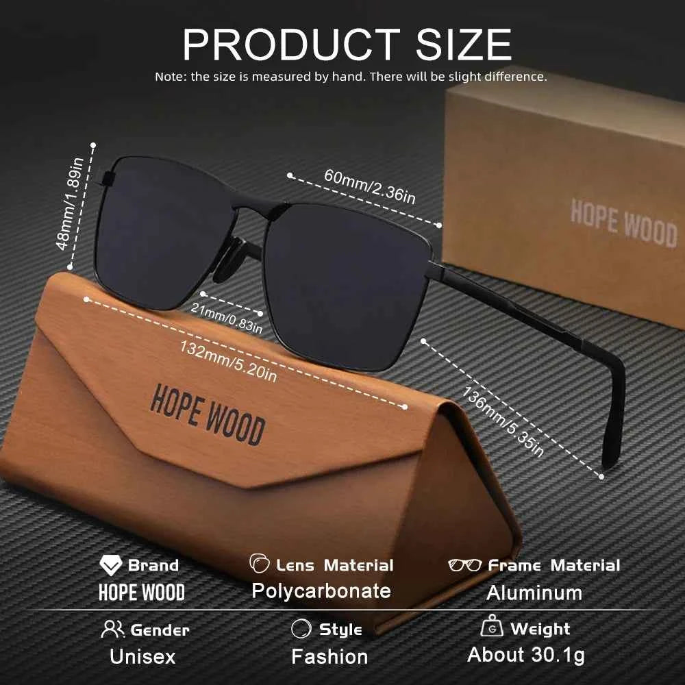 HOPE WOOD 7601 Polarized Rectangle Sunglasses – Alloy Frame, UV400, Unisex