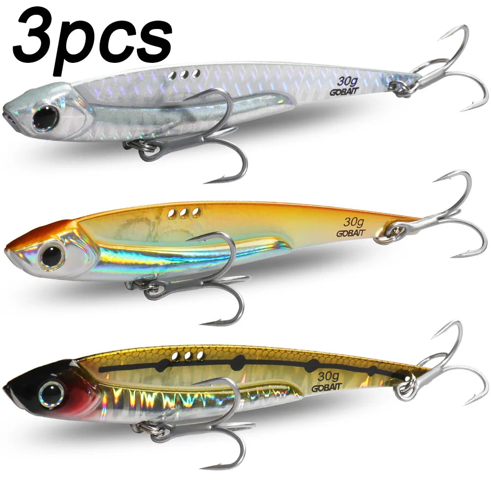 GOBAIT Metal VIB Fishing Lure Kit – 20g, 25g &amp; 30g | Holographic Laser Skin | Treble Hook | Sea, Pike &amp; Bass