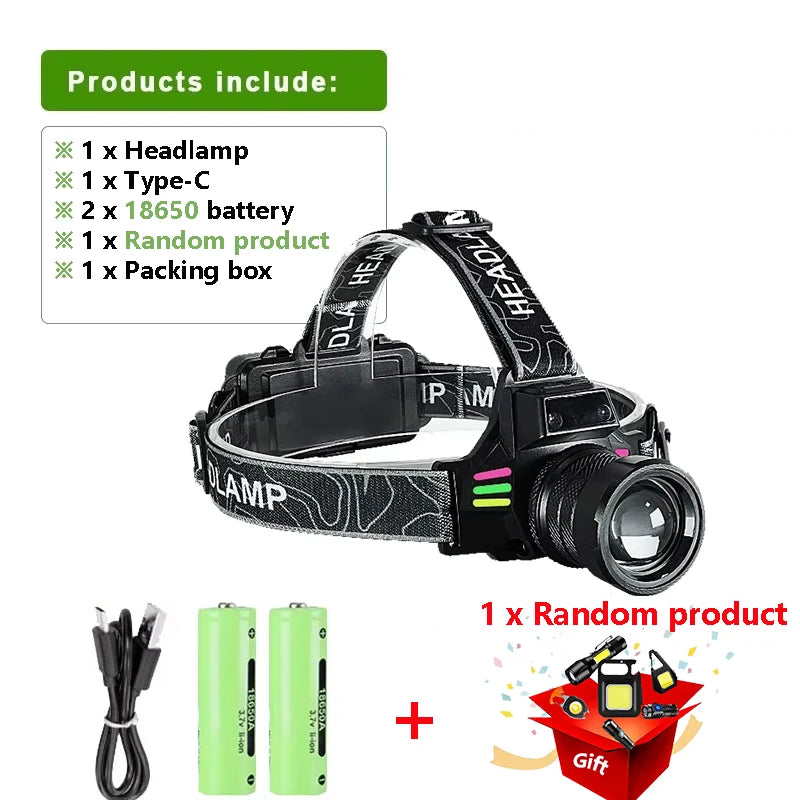 Super Bright Headlamp Dual Laser Motion Sensor Headlight 18650 USB Rechargeable Torch Yellow Light for Fog Night Running Fishing