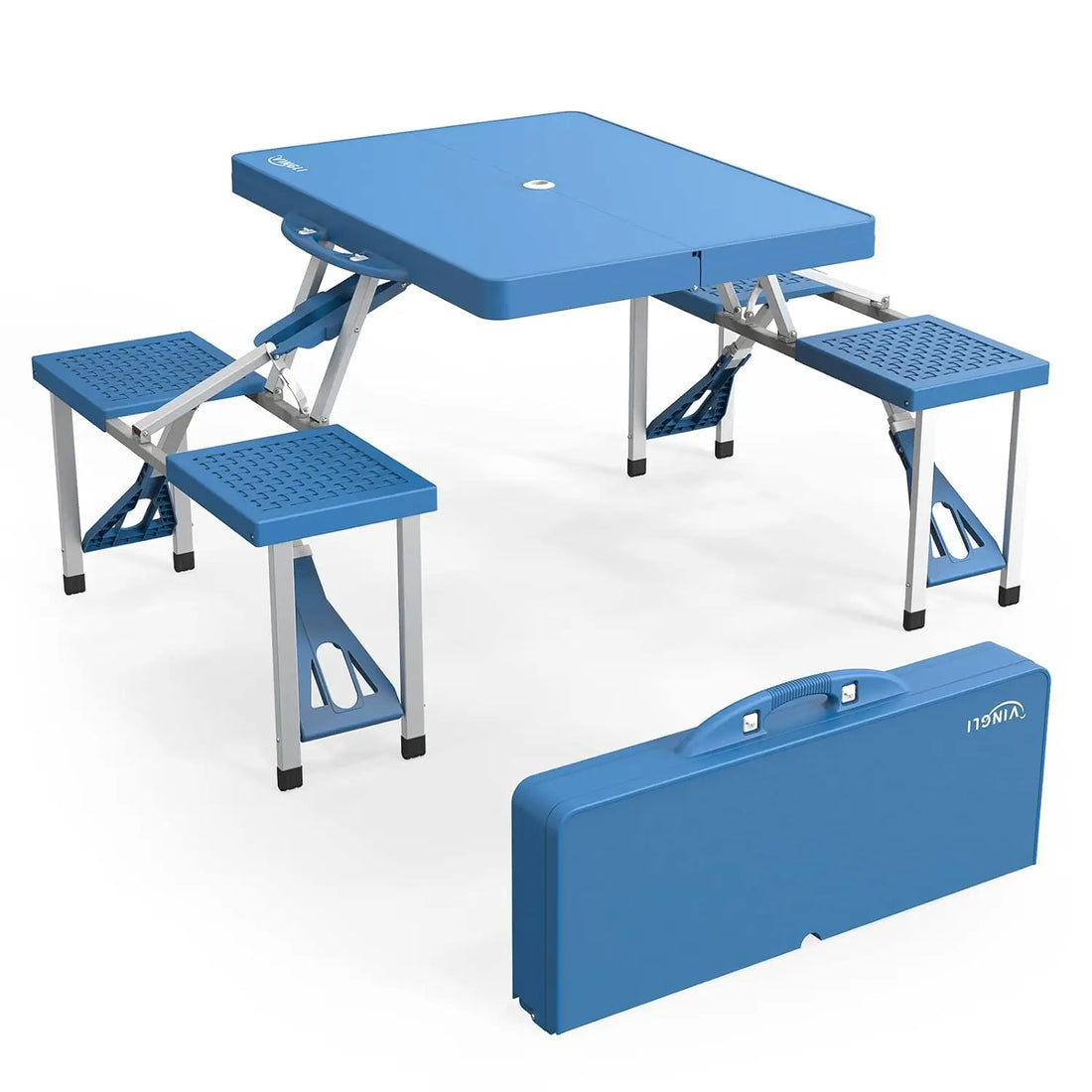 4 Ft Camping Picnic Table Set with 4 Seats with Umbrella Hole Folding Lightweight Suitcase Card Table-220 Lbs Support Aluminum F