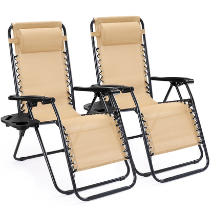 Zero Gravity Recliner Chairs Set of 2 — Portable Folding Lounge Chairs with Cup Holder Tray &amp; Headrest