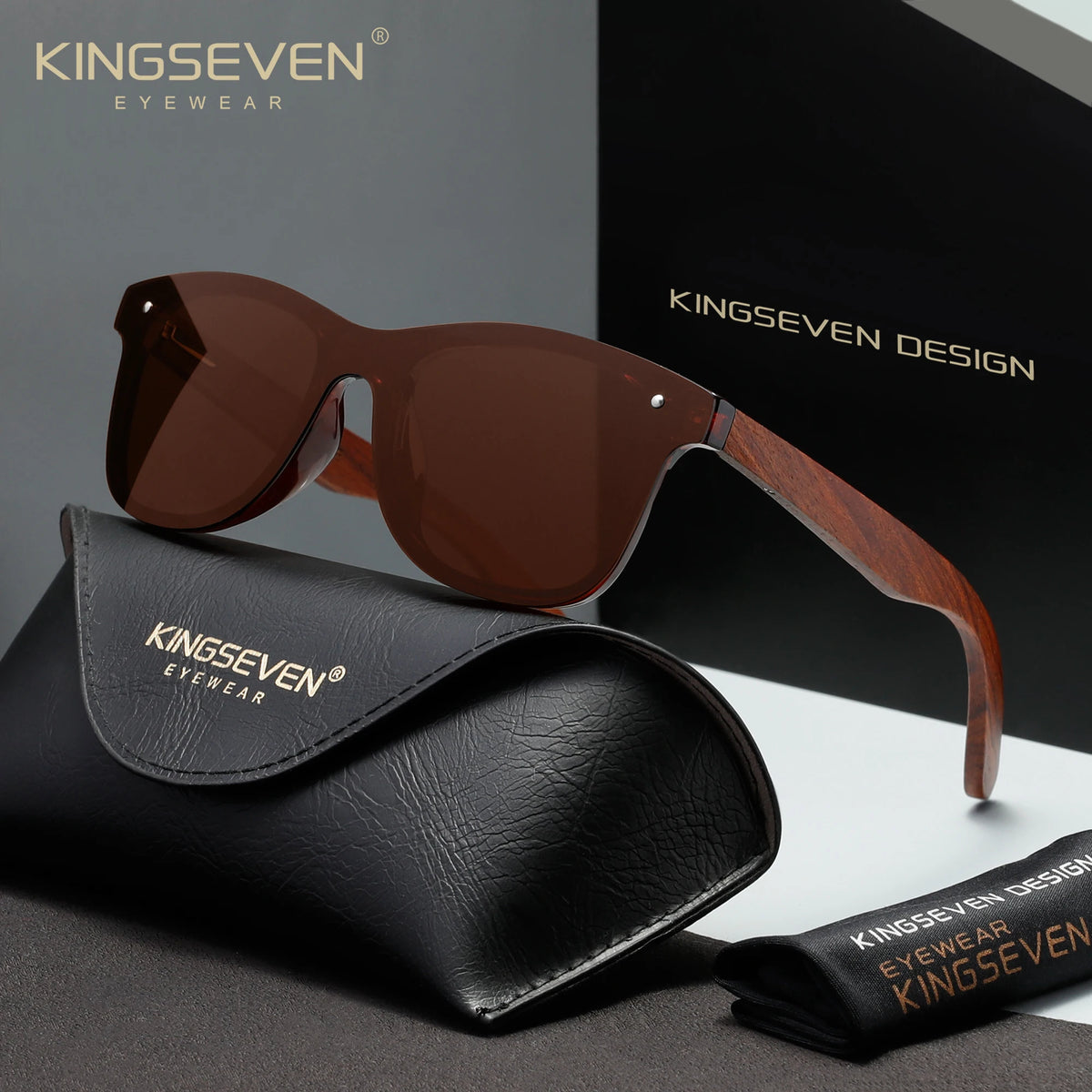 KINGSEVEN Wooden Rimless Polarized Sunglasses – UV400 Large Frame, Retro Style
