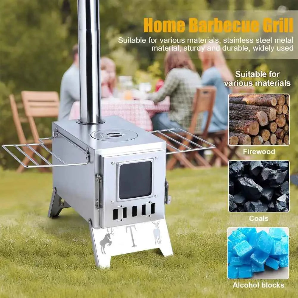 Wood Burning Camping Stove with 5 Pipes Accessories, Heating Cooking Hot Tent Steel Stove for Outdoor, Hunting, Ice Fishing