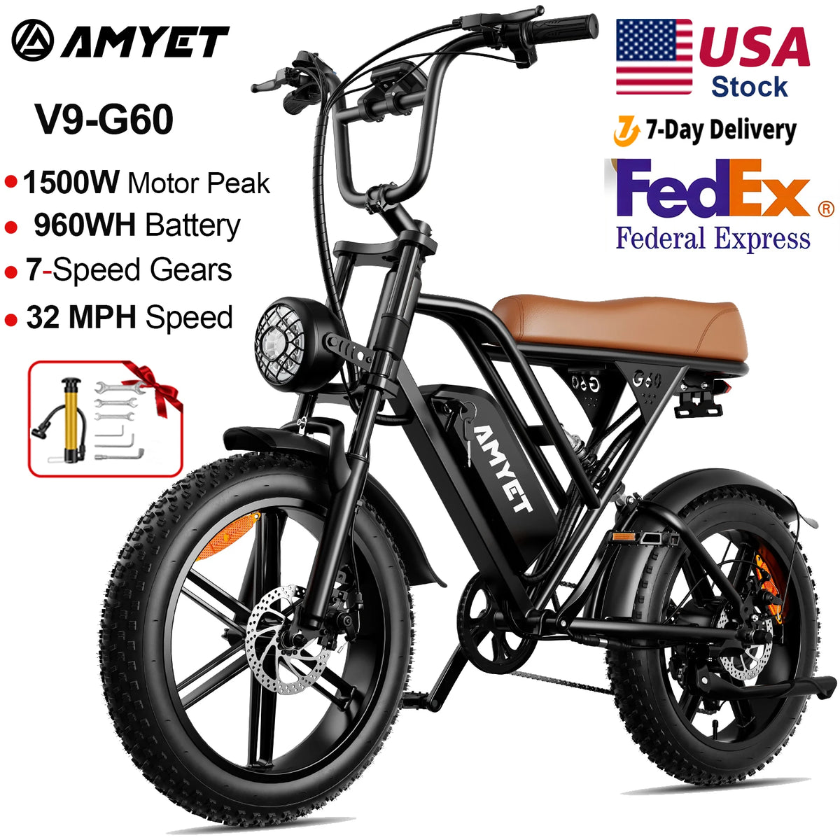V9-G60 Fat Tire Electric Bike – 1000W Motor, 48V 20Ah Battery, 20" x 4" Tires, Shimano 7-Speed