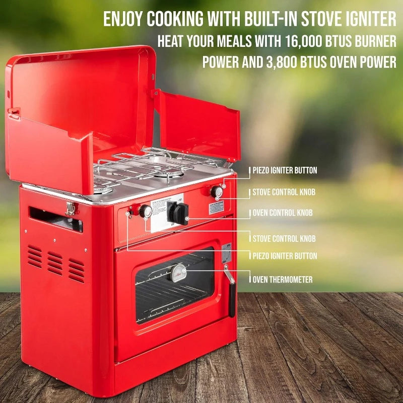 Outdoor Gas Camping Oven w/Carry Bag | CSA Approved Portable Propane-Powered 2-Burner Stove &amp; Oven | Auto Ignition