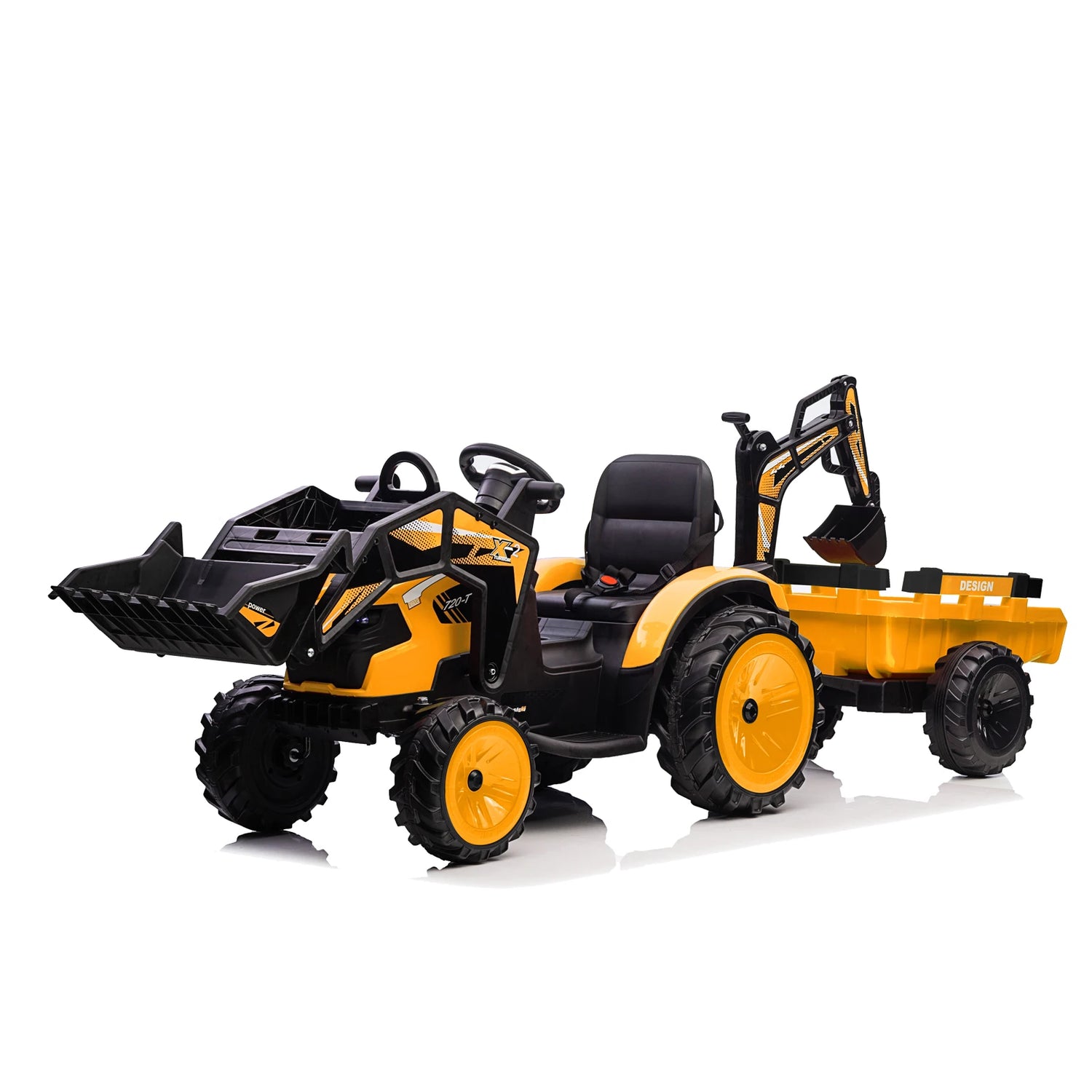 24V 3-in-1 Ride-On Tractor with Excavator &amp; Bulldozer Modes — Kids Electric Construction Vehicle with Trailer, Digger, Shovel Bucket, Parent Remote Control, LED Lights, Music &amp; USB, Battery
