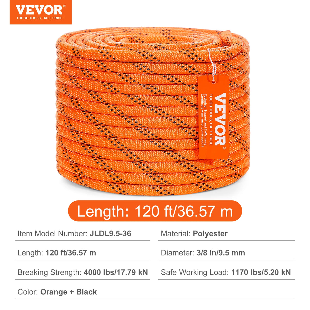 120ft Double Braid Polyester Rope – 3/8" or 1/2" 48-Strand Climbing &amp; Arborist Rope