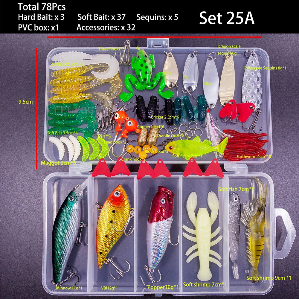 Big Mixed Fishing Lure Set Soft Hard Bait Kit Artificial Bionic Minnow Swing Metal Jig Spoon